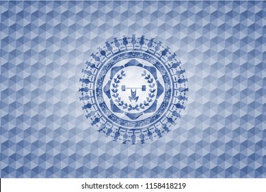 weightlifting inside of crown icon inside blue polygonal emblem.