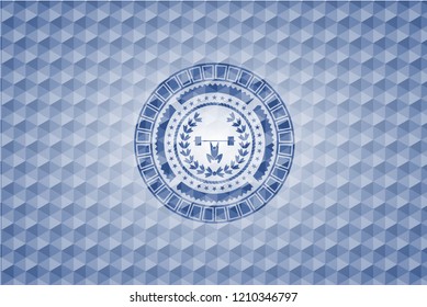 weightlifting inside of crown icon inside blue emblem with geometric pattern background.