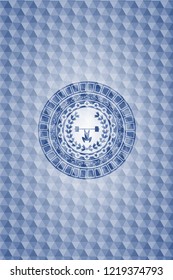 weightlifting inside of crown icon inside blue emblem or badge with geometric pattern background.