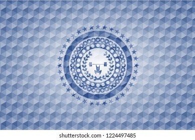 weightlifting inside of crown icon inside blue emblem with geometric pattern.