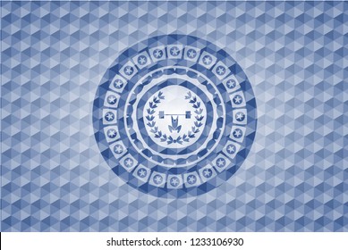 weightlifting inside of crown icon inside blue polygonal emblem.