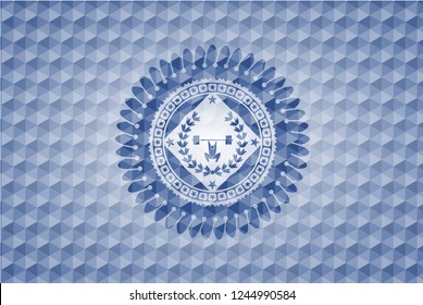 weightlifting inside of crown icon inside blue badge with geometric background.