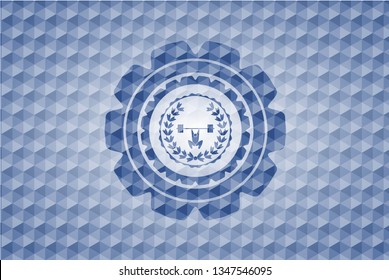 weightlifting inside of crown icon inside blue emblem with geometric pattern background.