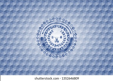 weightlifting inside of crown icon inside blue polygonal emblem.