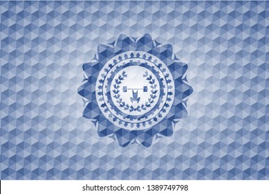 weightlifting inside of crown icon inside blue badge with geometric pattern background.