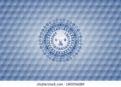 weightlifting inside of crown icon inside blue emblem or badge with abstract geometric polygonal pattern background.