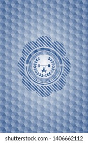 weightlifting inside of crown icon inside blue emblem with geometric background.