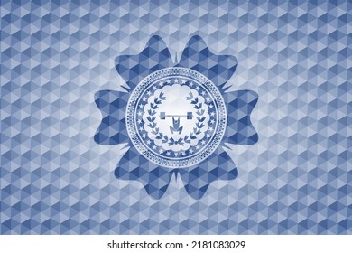 weightlifting inside of crown icon inside blue emblem with geometric pattern. 