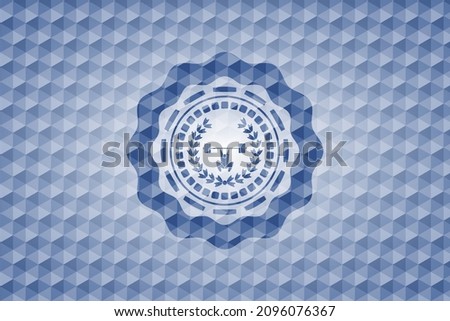 weightlifting inside of crown icon inside blue emblem with geometric pattern. 