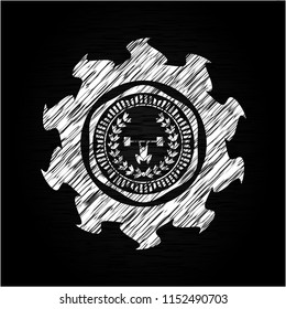weightlifting inside of crown icon inside chalkboard emblem on black board