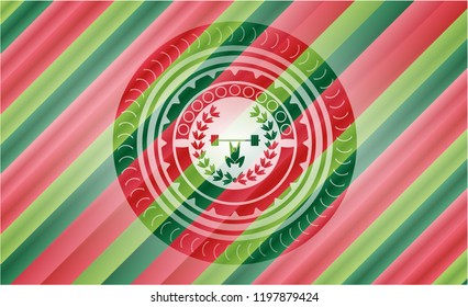 weightlifting inside of crown icon inside christmas style emblem.
