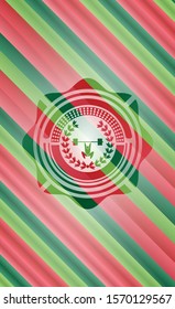 weightlifting inside of crown icon inside christmas colors style emblem.