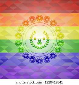 weightlifting inside of crown icon inside emblem on mosaic background with the colors of the LGBT flag