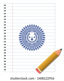 weightlifting inside of crown icon emblem draw with pen effect. Blue ink. Vector Illustration. Detailed.