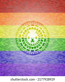 weightlifting inside of crown icon inside emblem on mosaic background with the colors of the LGBT flag. 