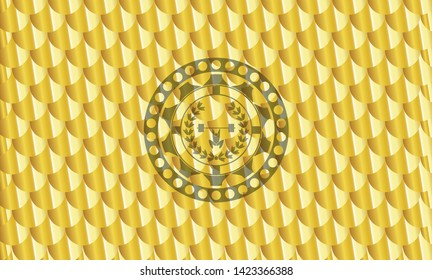 weightlifting inside of crown icon inside gold badge or emblem. Scales pattern. Vector Illustration. Detailed.