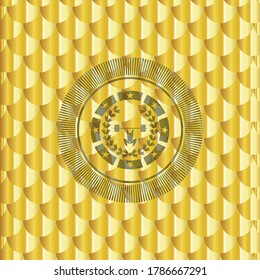 weightlifting inside of crown icon inside gold shiny badge. Scales pattern. Vector Illustration. Detailed. 