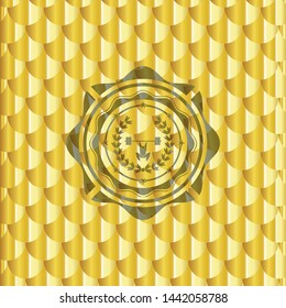 weightlifting inside of crown icon inside golden badge or emblem. Scales pattern. Vector Illustration. Detailed.