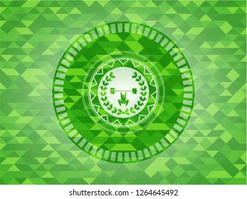 weightlifting inside of crown icon inside green emblem. Mosaic background