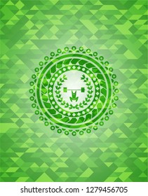 weightlifting inside of crown icon inside green emblem with mosaic background