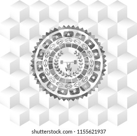 weightlifting inside of crown icon inside grey emblem with geometric cube white background