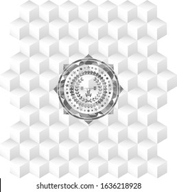 weightlifting inside of crown icon inside grey badge with geometric cube white background