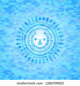 weightlifting inside of crown icon inside light blue emblem with mosaic ecological style background