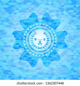 weightlifting inside of crown icon inside light blue emblem with triangle mosaic background