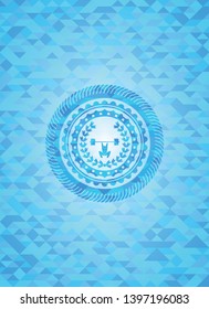 weightlifting inside of crown icon inside light blue emblem. Mosaic background