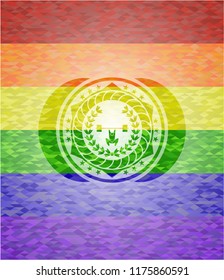 weightlifting inside of crown icon on mosaic background with the colors of the LGBT flag