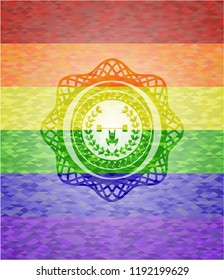 weightlifting inside of crown icon on mosaic background with the colors of the LGBT flag