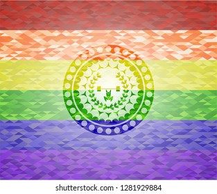 weightlifting inside of crown icon on mosaic background with the colors of the LGBT flag