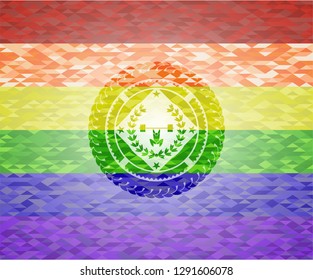 weightlifting inside of crown icon on mosaic background with the colors of the LGBT flag