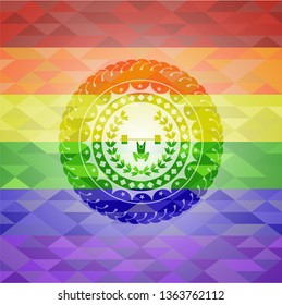 weightlifting inside of crown icon on mosaic background with the colors of the LGBT flag