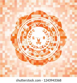 weightlifting inside of crown icon inside orange mosaic emblem with background