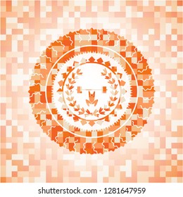 weightlifting inside of crown icon inside orange mosaic emblem with background