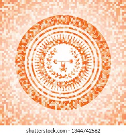 weightlifting inside of crown icon inside orange mosaic emblem