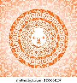 weightlifting inside of crown icon inside orange mosaic emblem with background