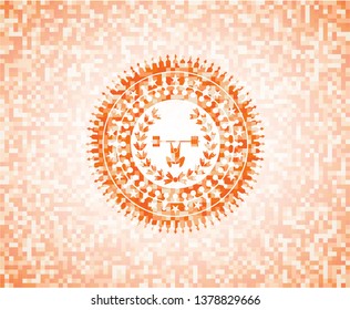 weightlifting inside of crown icon inside orange mosaic emblem with background