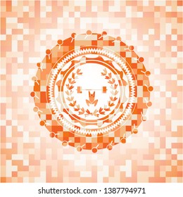 weightlifting inside of crown icon inside orange mosaic emblem with background