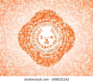 weightlifting inside of crown icon inside orange mosaic emblem