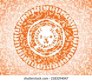 weightlifting inside of crown icon inside orange mosaic emblem. 