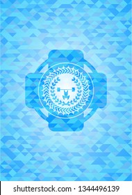 weightlifting inside of crown icon inside realistic light blue emblem. Mosaic background