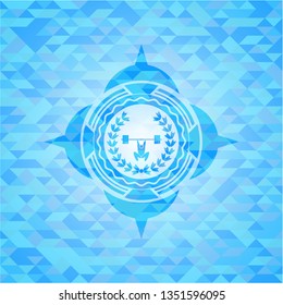 weightlifting inside of crown icon inside realistic light blue mosaic emblem