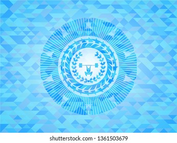weightlifting inside of crown icon inside realistic sky blue emblem. Mosaic background
