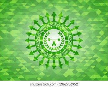 weightlifting inside of crown icon inside realistic green emblem. Mosaic background