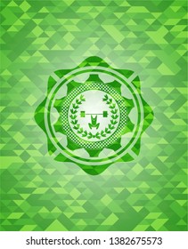 weightlifting inside of crown icon inside realistic green emblem. Mosaic background