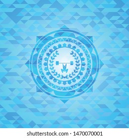 weightlifting inside of crown icon inside realistic light blue mosaic emblem