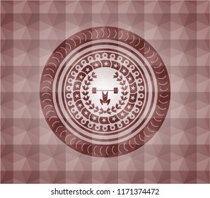 weightlifting inside of crown icon inside red seamless emblem or badge with abstract geometric polygonal pattern background.