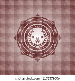 weightlifting inside of crown icon inside red seamless emblem with geometric pattern background.